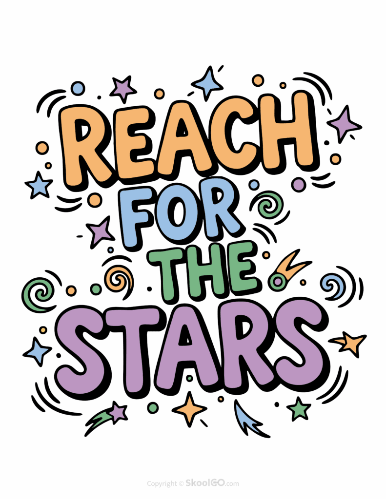 Colorful Reach For The Stars printable classroom poster with playful lettering and cheerful doodles