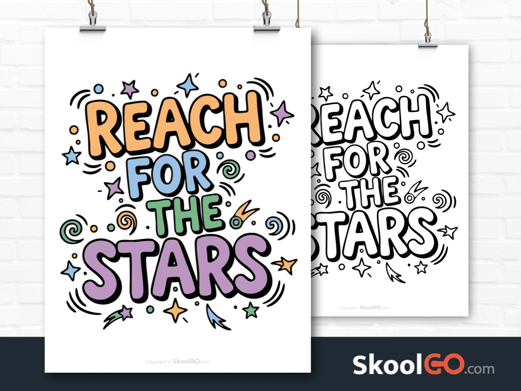 Preview image of the "Reach For The Stars" Classroom Poster, showing both color and black & white printable pages.