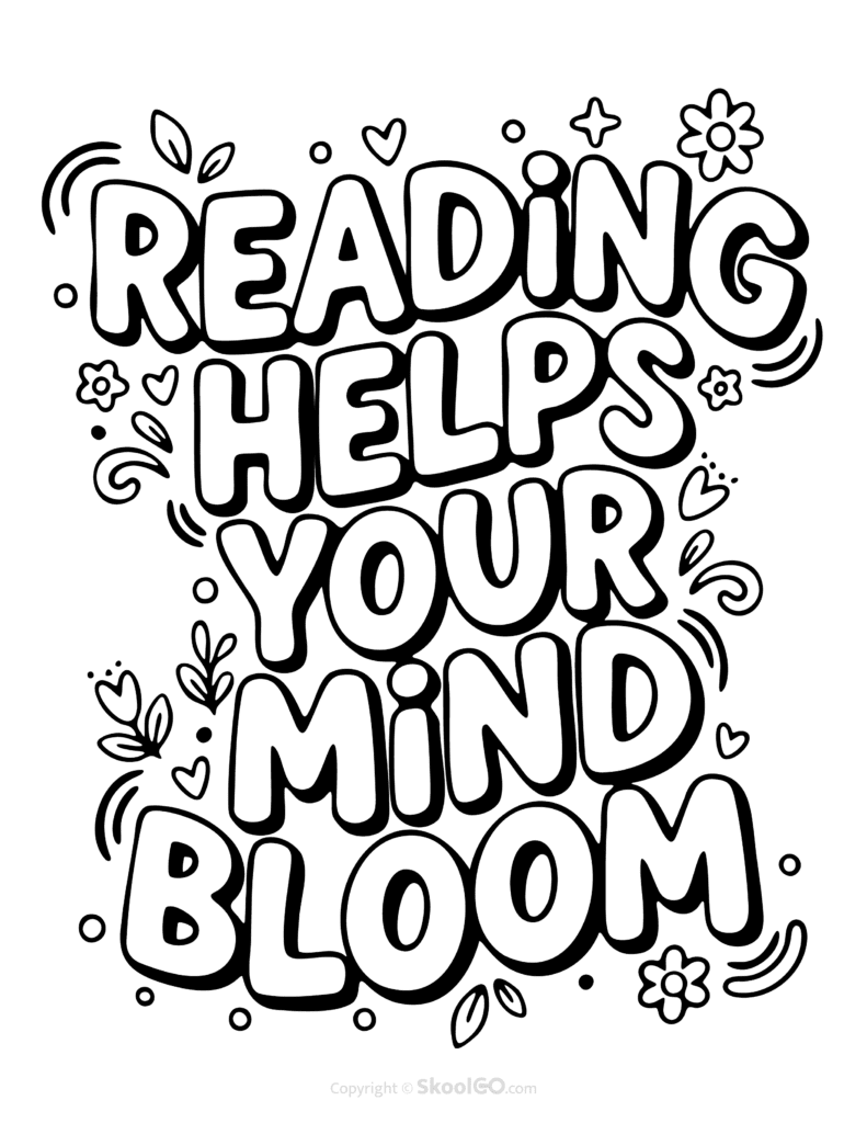 Black-and-white Reading Helps Your Mind Bloom poster with bold letters and doodles for students to color