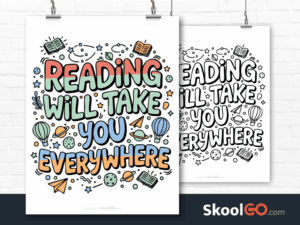 Preview image of the "Reading Will Take You Everywhere" Classroom Poster, showing both color and black & white printable pages.