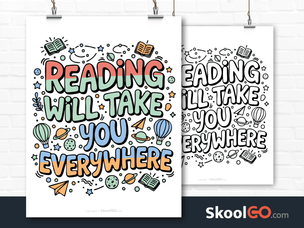 Preview image of the "Reading Will Take You Everywhere" Classroom Poster, showing both color and black & white printable pages.