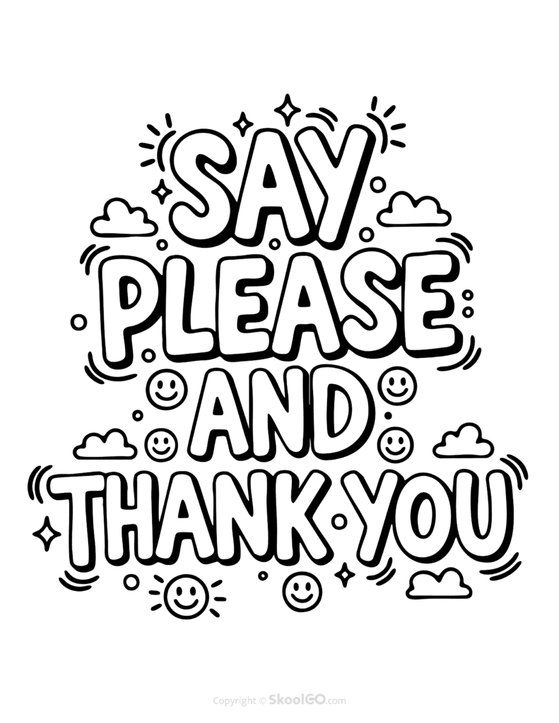 Black-and-white Say Please And Thank You poster with bold letters and doodles for students to color