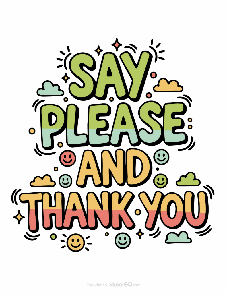 Colorful Say Please And Thank You printable classroom poster with playful lettering and cheerful doodles
