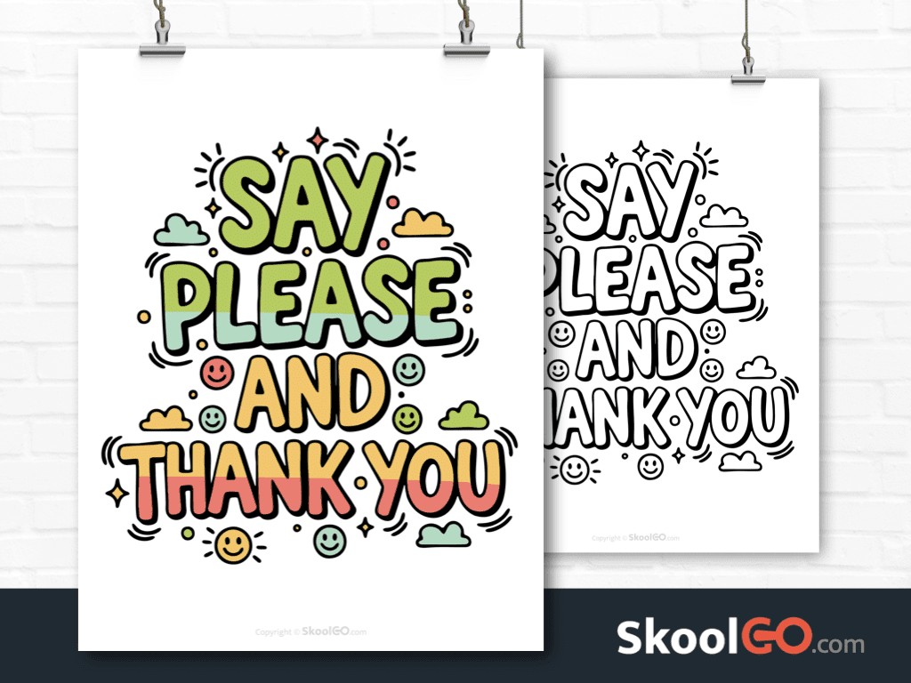 Preview image of the "Say Please And Thank You" Classroom Poster, showing both color and black & white printable pages.