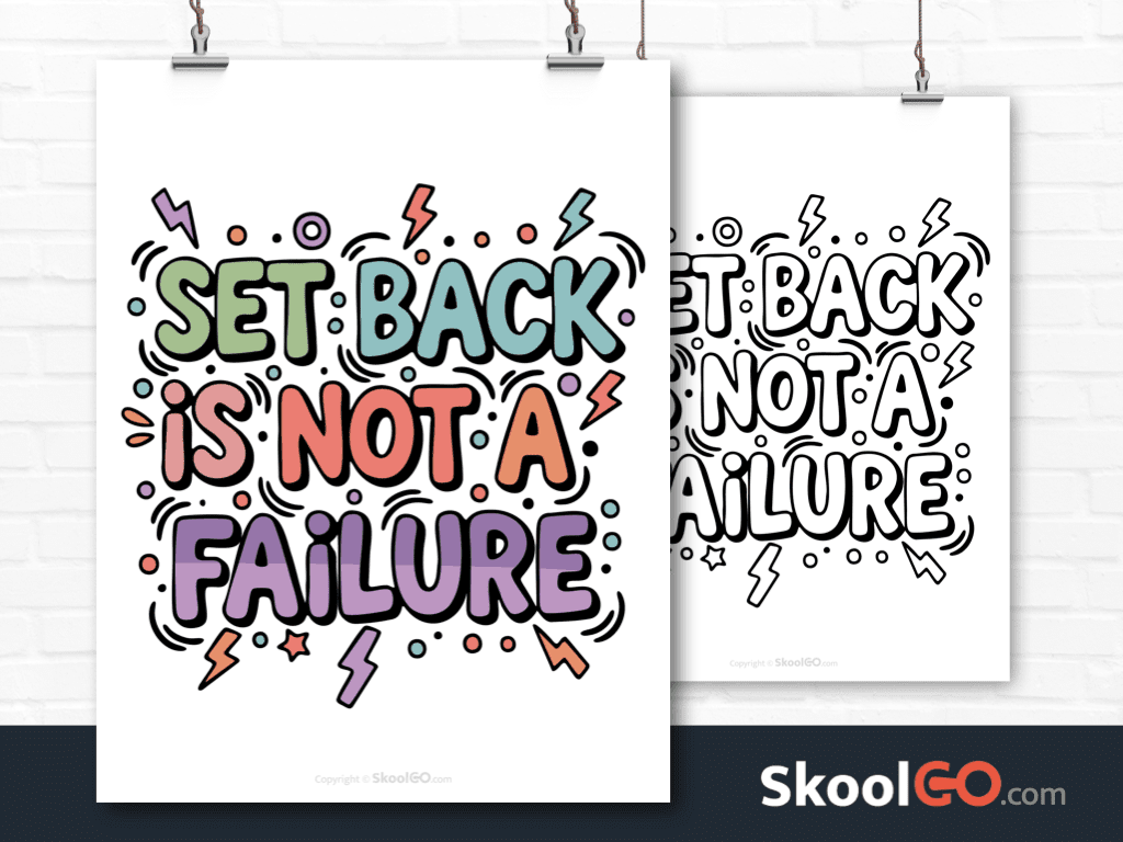 Preview image of the "Set Back Is Not A Failure" Classroom Poster, showing both color and black & white printable pages.
