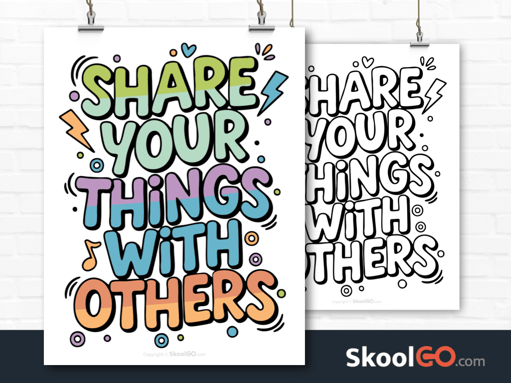 Preview image of the "Share Your Things With Others" Classroom Poster, showing both color and black & white printable pages.