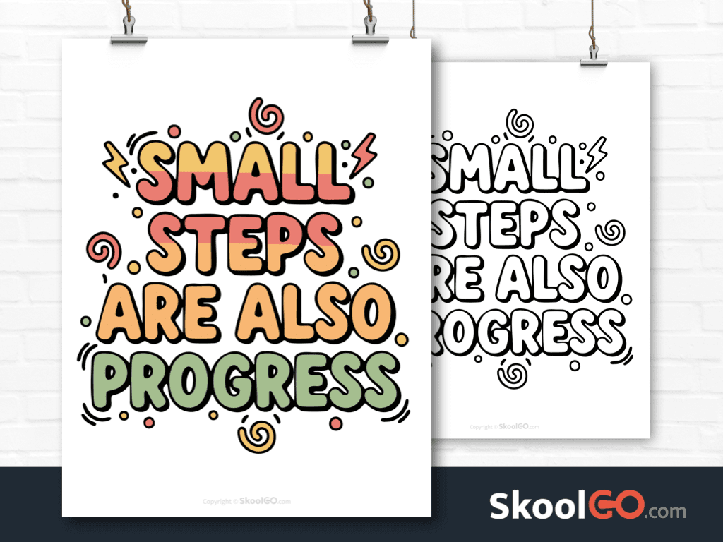 Preview image of the "Small Steps Are Also Progress" Classroom Poster, showing both color and black & white printable pages.