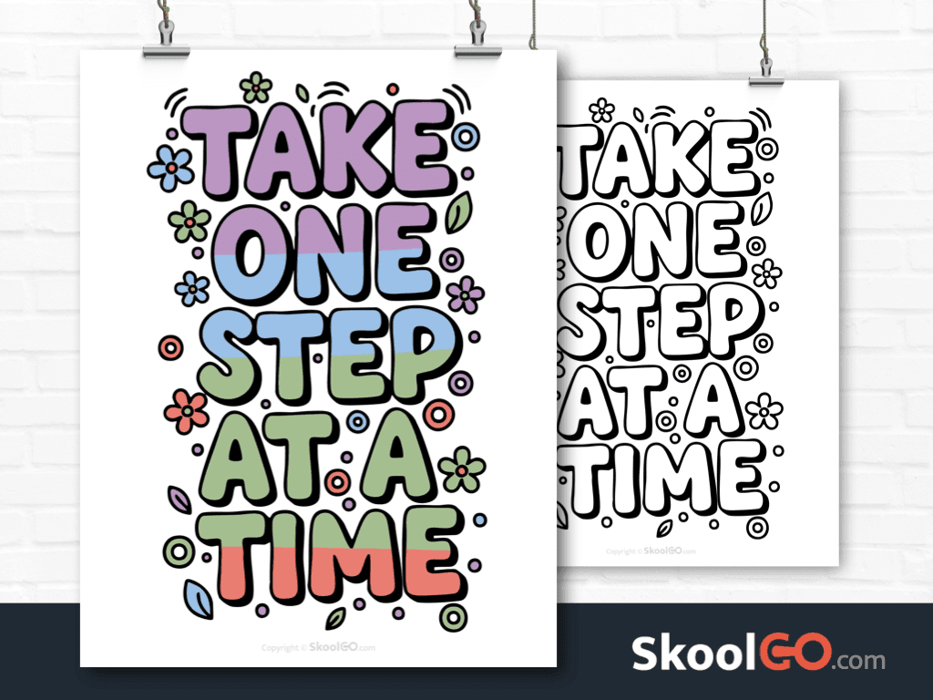 Preview image of the "Take One Step At A Time" Classroom Poster, showing both color and black & white printable pages.
