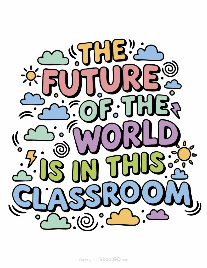 Colorful The Future Of The World Is In This Classroom printable classroom poster with playful lettering and cheerful doodles