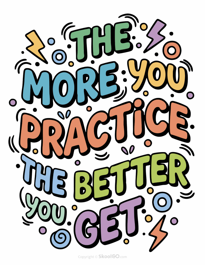 "The More You Practice The Better You Get" Classroom Poster - Color Version Colorful The More You Practice The Better You Get printable classroom poster with playful lettering and cheerful doodles