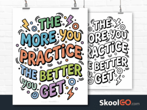 Preview image of the "The More You Practice The Better You Get" Classroom Poster, showing both color and black & white printable pages.