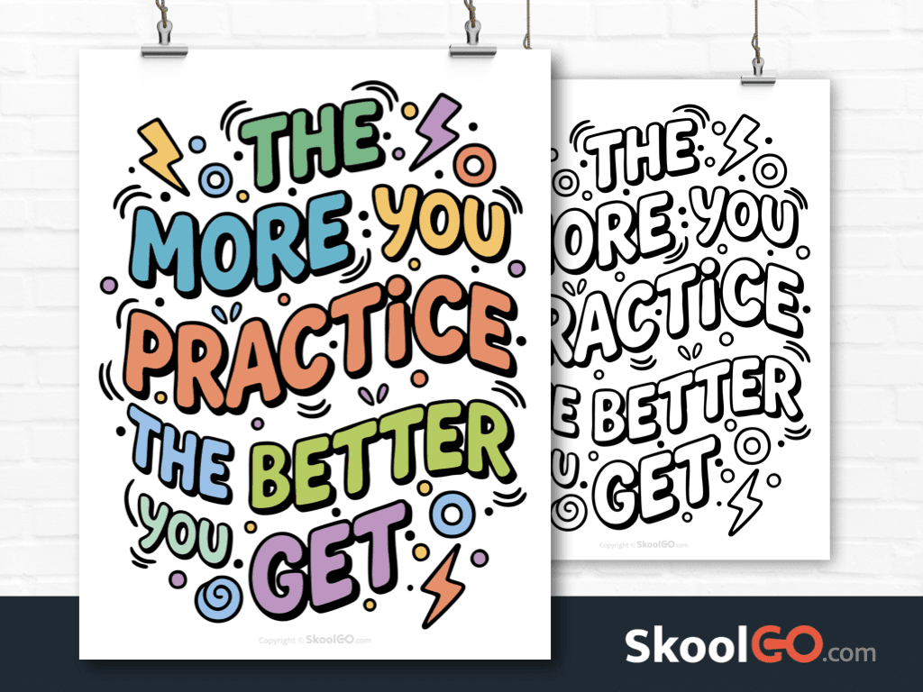 Preview image of the "The More You Practice The Better You Get" Classroom Poster, showing both color and black & white printable pages.