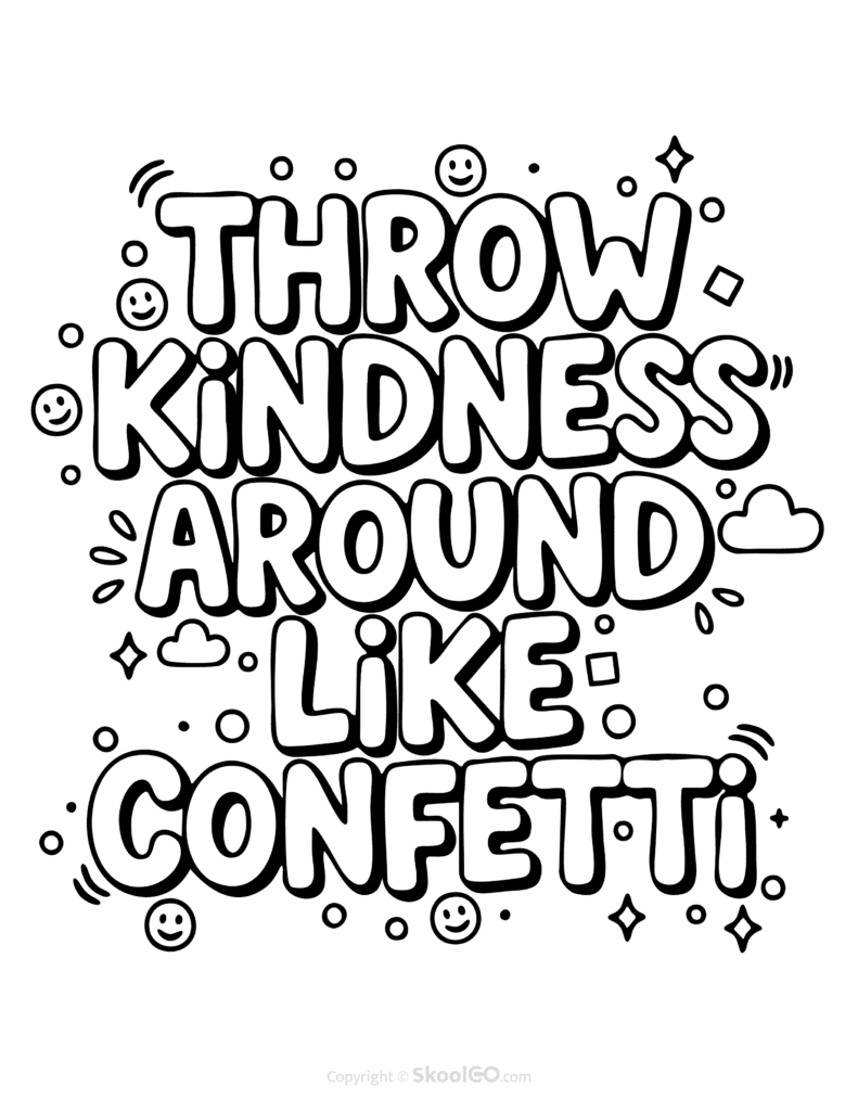 Black-and-white Throw Kindness Around Like Confetti poster with bold letters and doodles for students to color