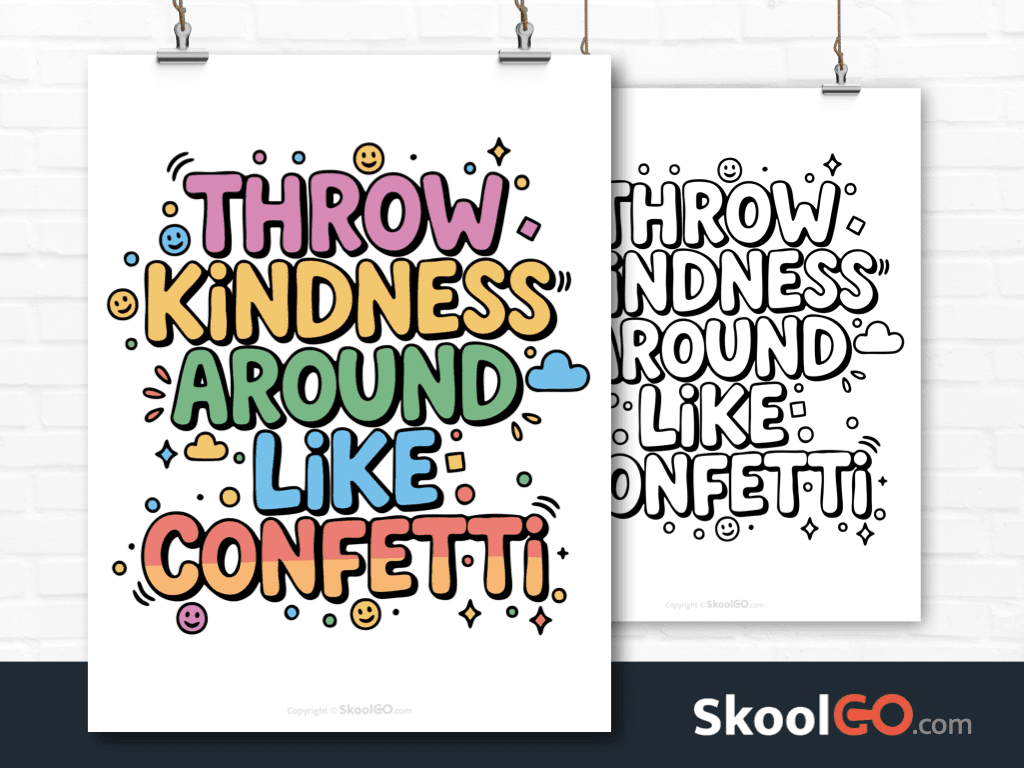 Preview image of the "Throw Kindness Around Like Confetti" Classroom Poster, showing both color and black & white printable pages.