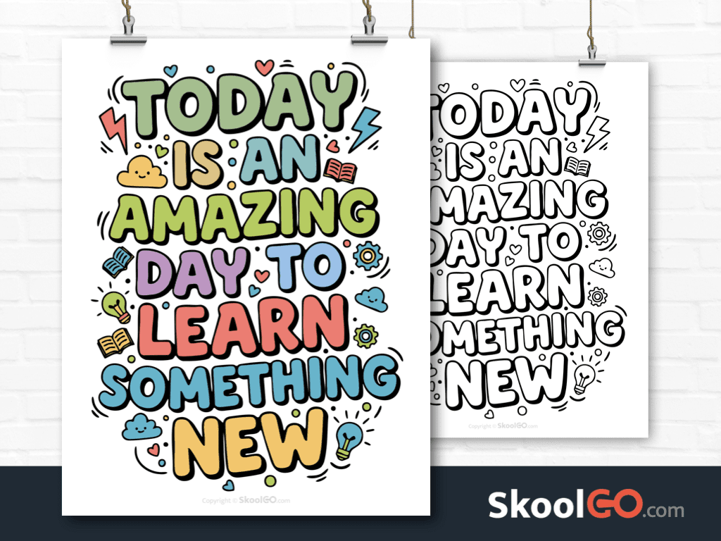 Preview image of the "Today Is An Amazing Day To Learn Something New" Classroom Poster, showing both color and black & white printable pages.