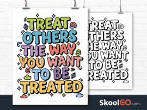 Preview image of the "Treat Others The Way You Want To Be Treated" Classroom Poster, showing both color and black & white printable pages.