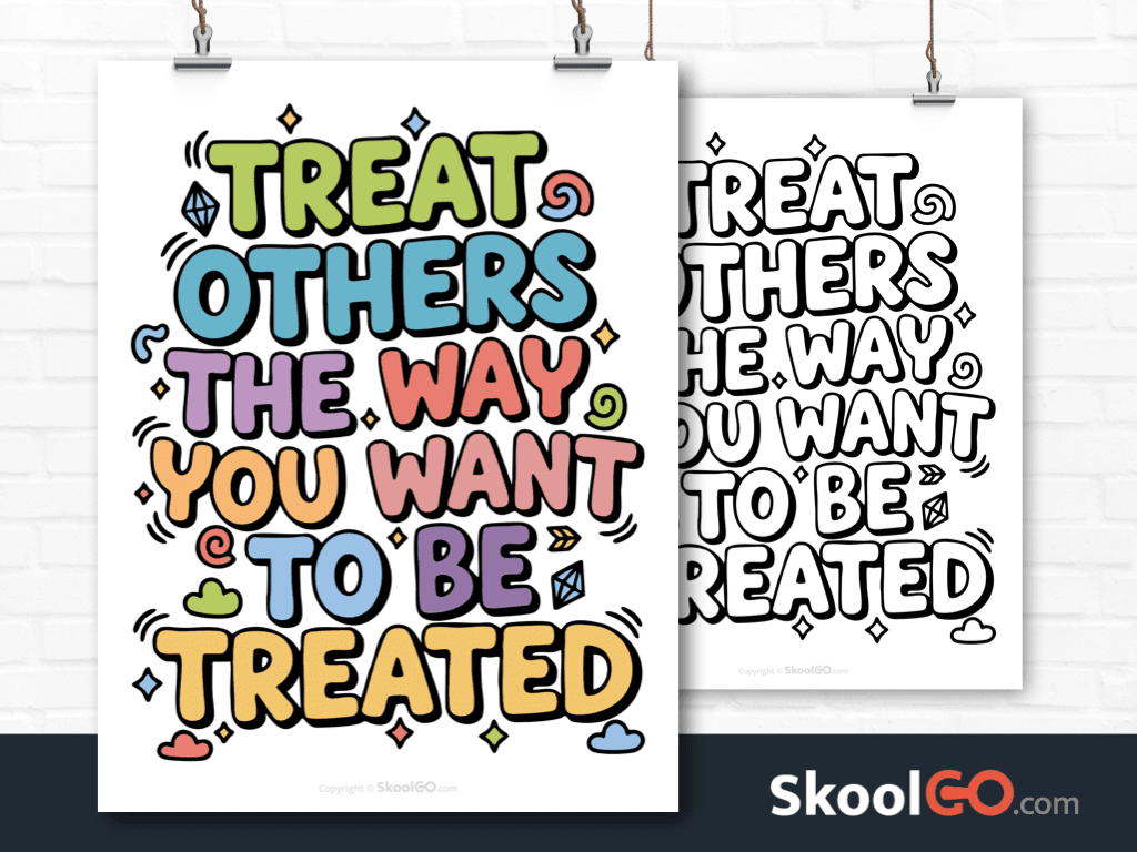 Preview image of the "Treat Others The Way You Want To Be Treated" Classroom Poster, showing both color and black & white printable pages.
