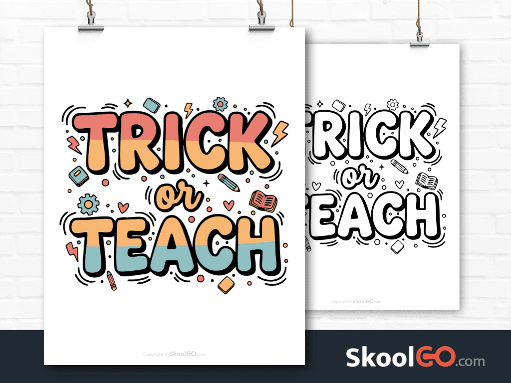 Preview image of the "Trick Or Teach" Classroom Poster, showing both color and black & white printable pages.