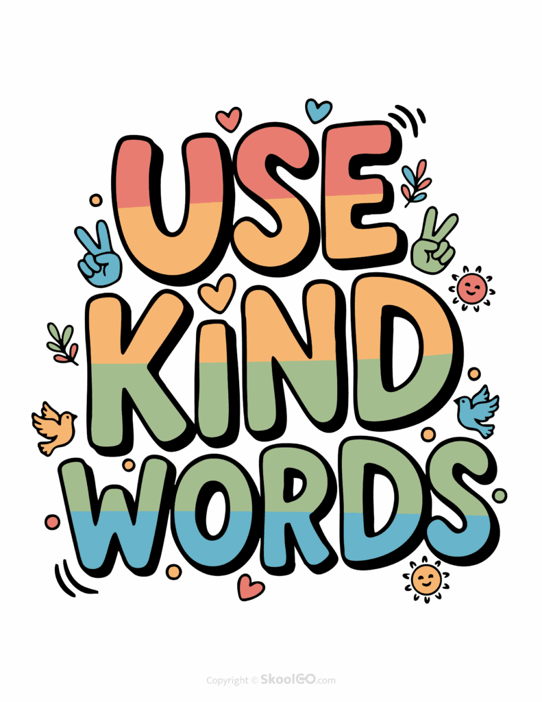 "Use Kind Words" Classroom Poster - Color Version Colorful Use Kind Words printable classroom poster with playful lettering and cheerful doodles