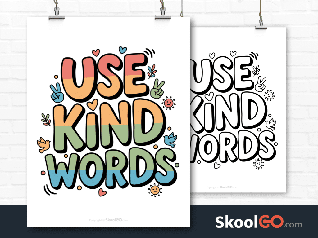 Preview image of the "Use Kind Words" Classroom Poster, showing both color and black & white printable pages.
