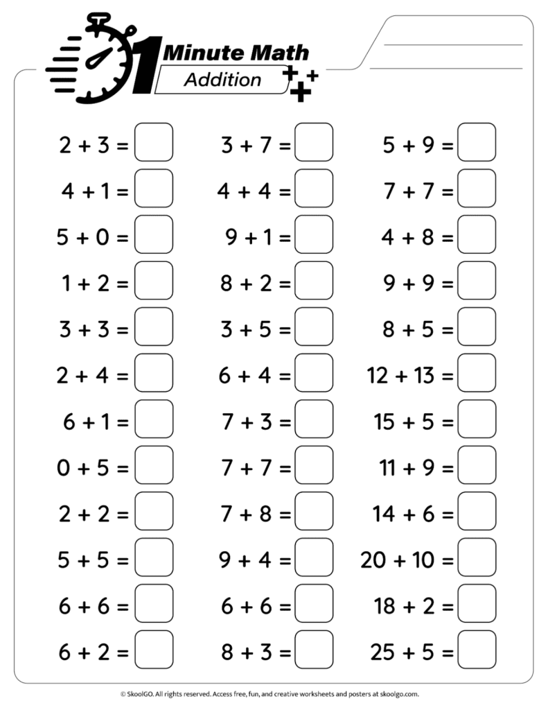 Black and white version of the 1 Minute Math Addition Worksheet for printable math practice