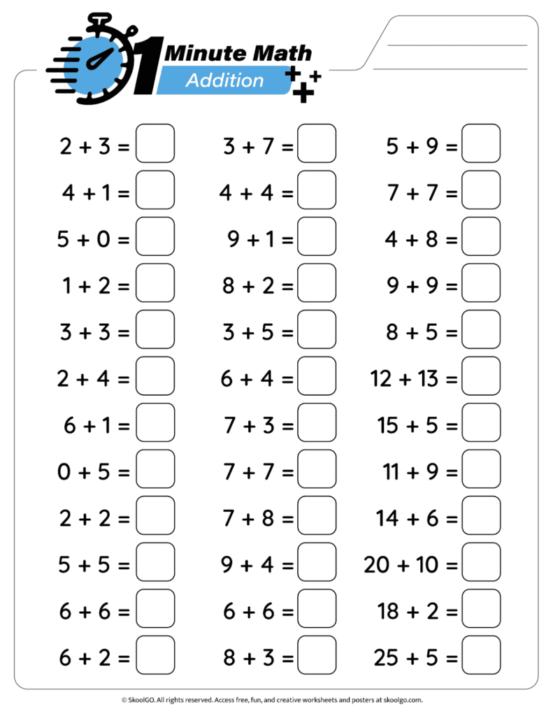 Color version of the 1 Minute Math Addition Worksheet with timed addition practice