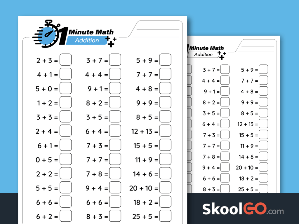 1 Minute Math Addition Worksheet free printable PDF for addition fluency practice