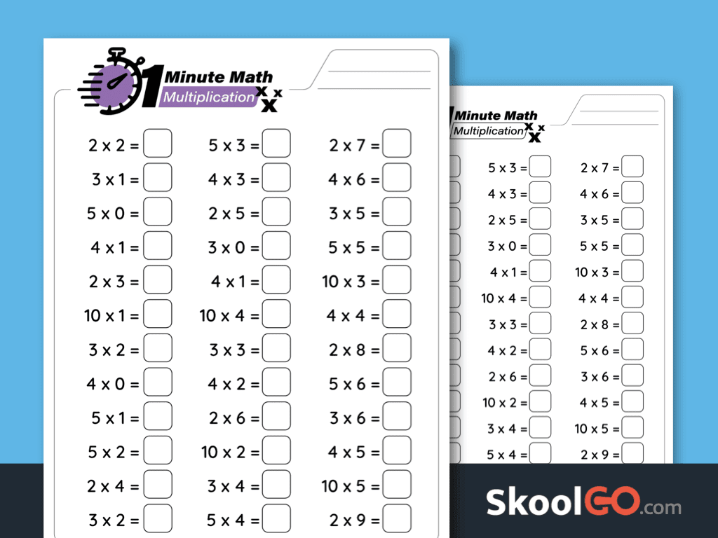 1 Minute Math Multiplication Worksheet printable PDF for multiplication fact fluency practice