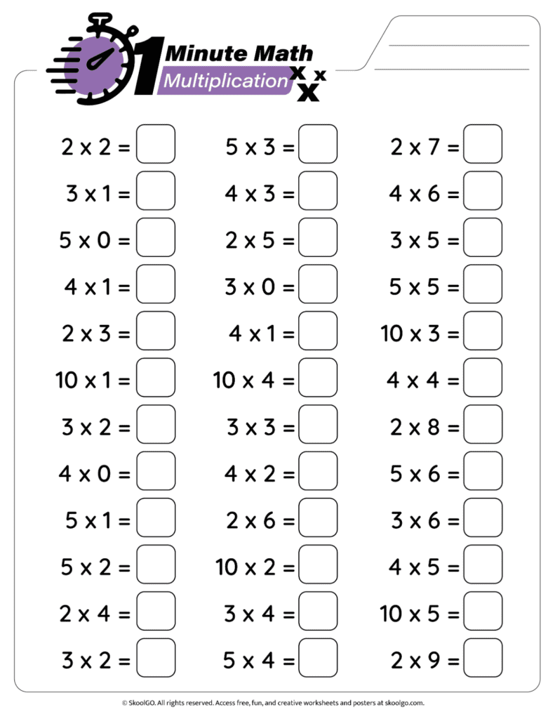 1 Minute Math Multiplication Facts Practice Page 1 Printable multiplication facts worksheet with mixed multiplication problems page 1