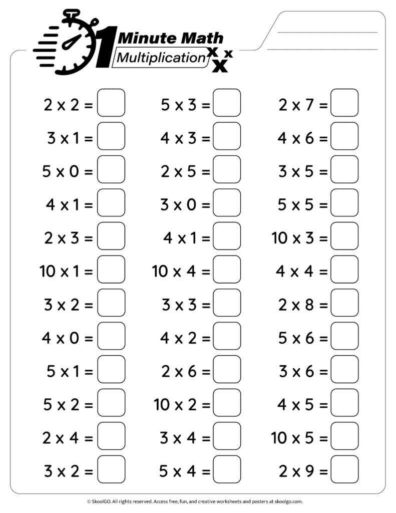 1 Minute Math Multiplication Facts Practice Page 2 Printable multiplication facts practice worksheet with mixed equations page 2