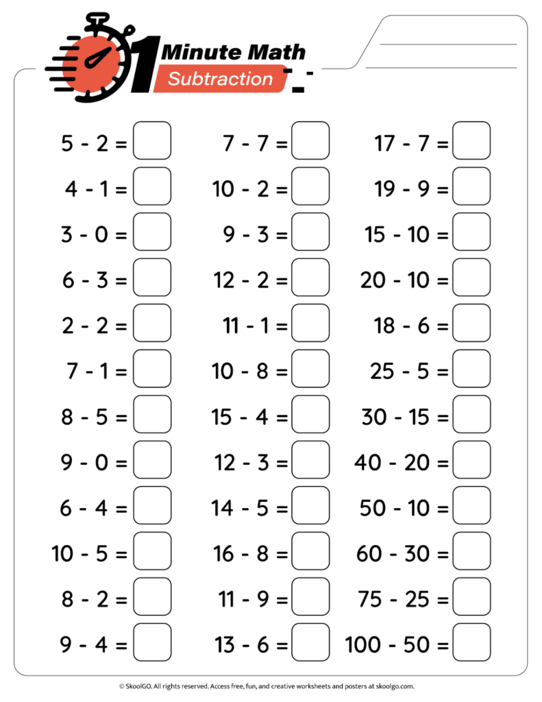 1 Minute Math Subtraction Practice Page 1 Printable subtraction facts worksheet with timed math practice page 1