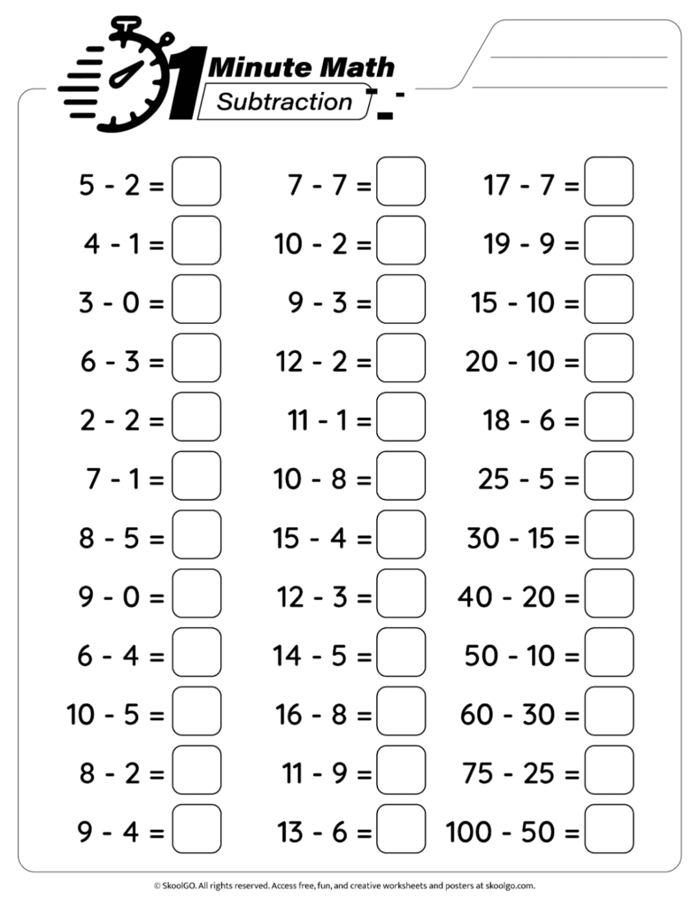 1 Minute Math Subtraction Practice Page 2 Printable subtraction facts worksheet with timed math practice page 2