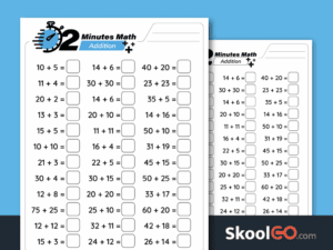 2 minutes math addition worksheet printable PDF for addition fluency practice