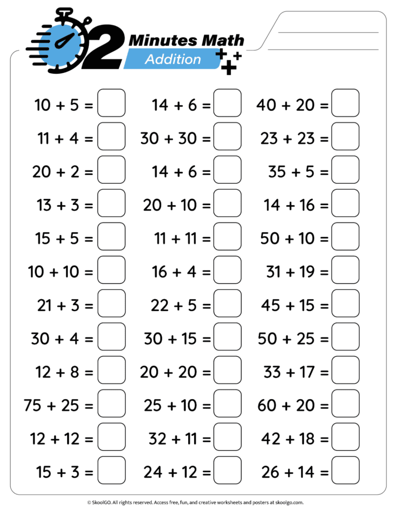 Timed addition facts practice worksheet with mixed addition problems