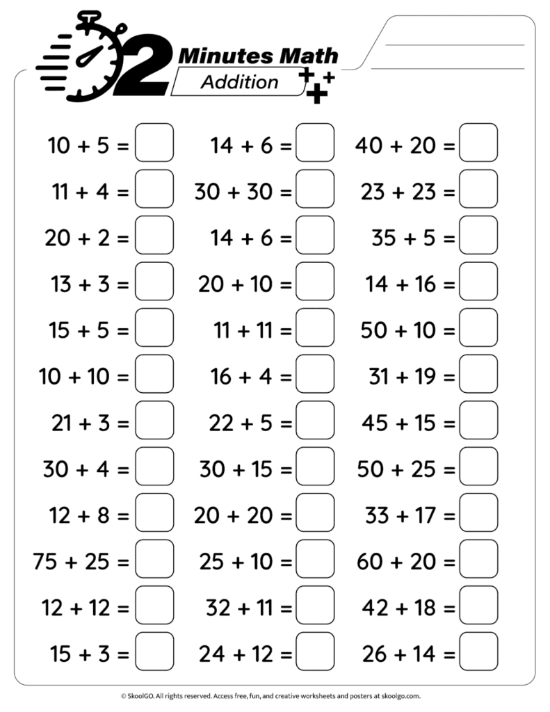 Printable addition fluency worksheet for mental math practice