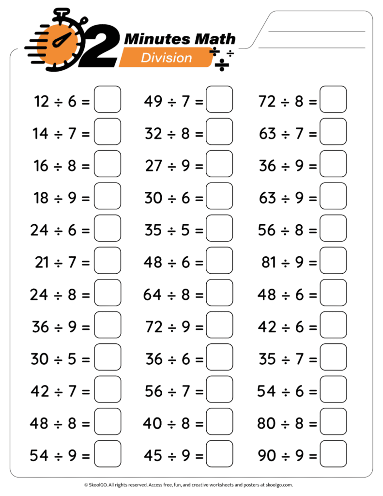 2 Minutes Math Division Facts Practice Worksheet Page 1 Division facts practice worksheet with timed math problems on page 1