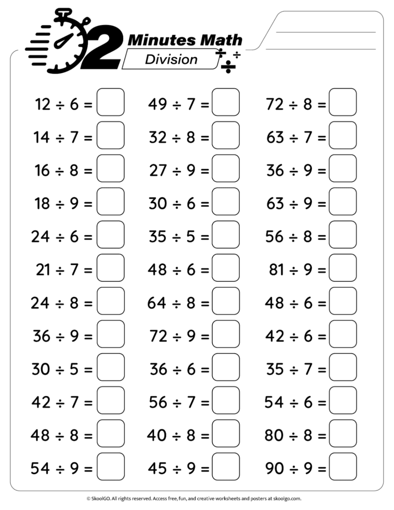 2 Minutes Math Division Facts Practice Worksheet Page 2 Additional division facts practice worksheet for math fluency on page 2