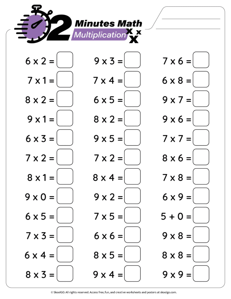 Timed multiplication facts worksheet with multiplication problems for fluency practice page 1