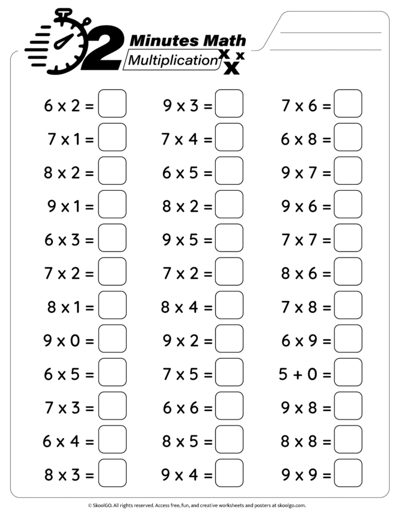 Printable multiplication facts practice worksheet for math fluency page 2