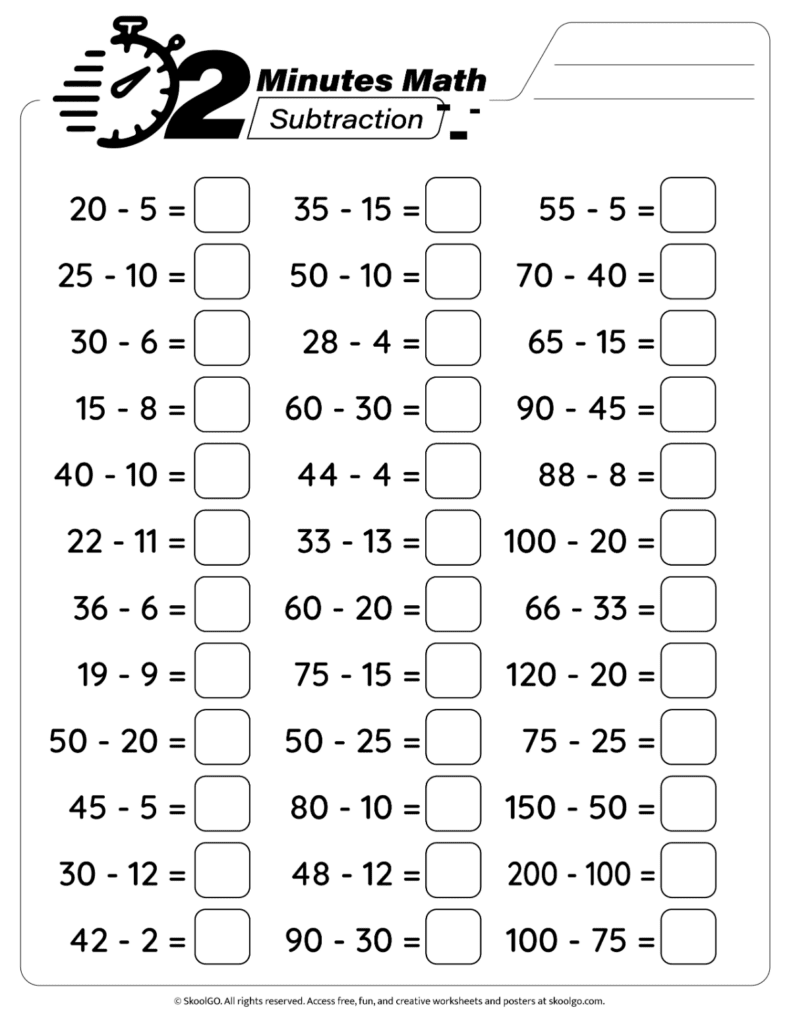 Additional subtraction problems for fluency practice in the 2 Minutes Math Subtraction Worksheet