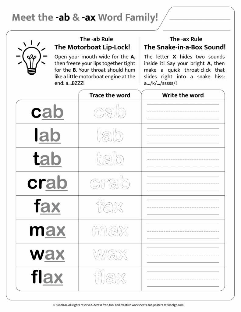 Black and white printable version of [ab & ax] phonics worksheet