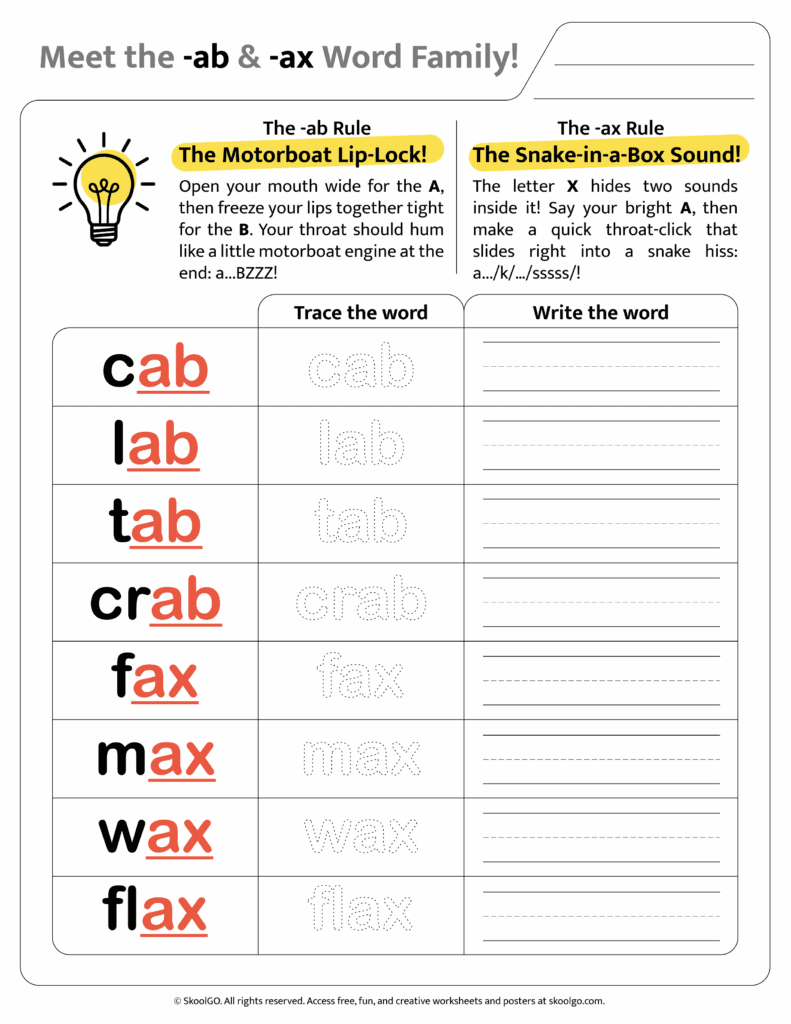Color version of [ab & ax] word family worksheet for engaging phonics learning