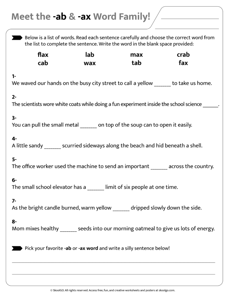 Sentence and word practice activities for [ab & ax] word family worksheet