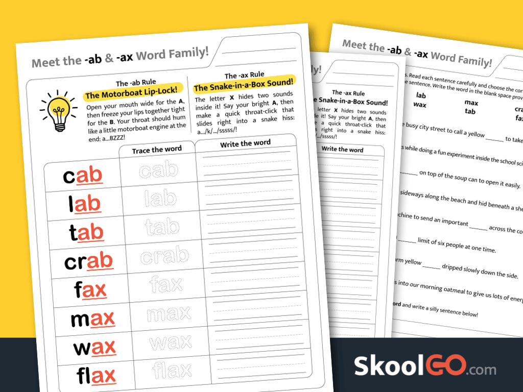 ab & ax Word Family Worksheet – Fun phonics practice for early readers