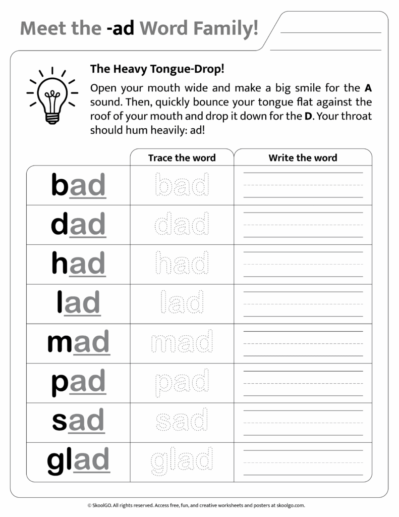 Black and white printable version of [ad] phonics worksheet