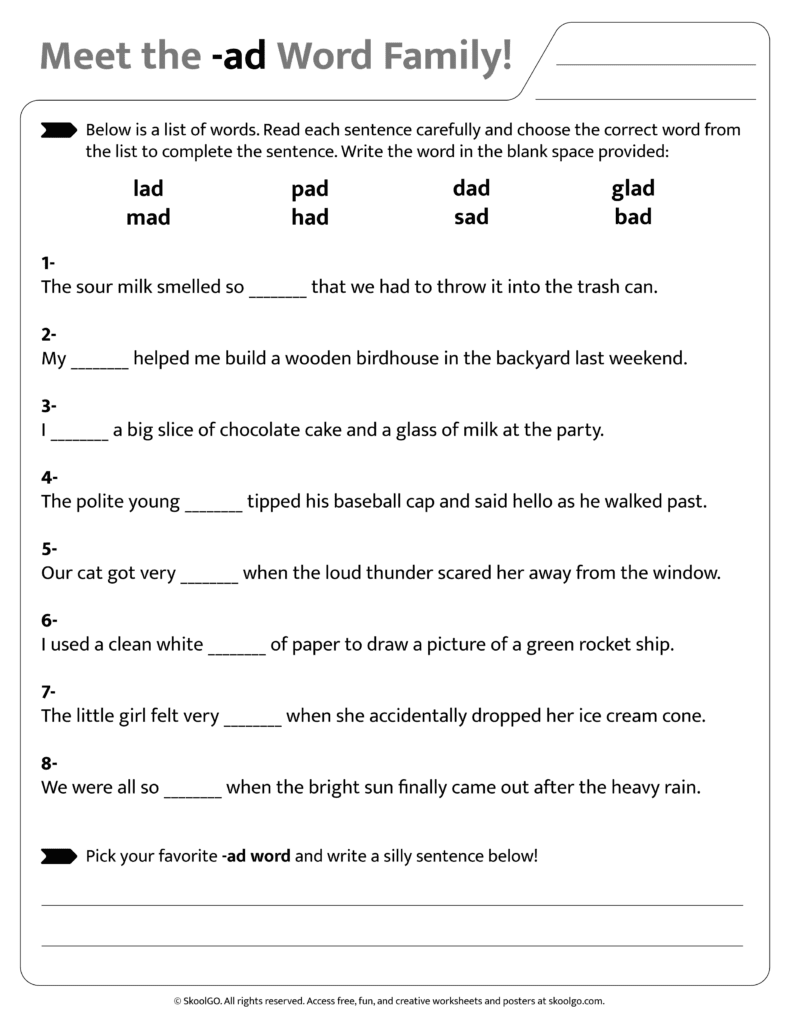 Sentence and word practice activities for [ad] word family worksheet