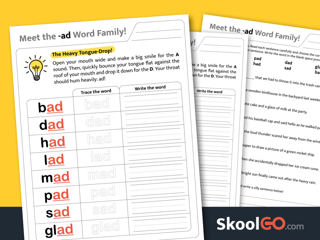 ad Word Family Worksheet – Fun phonics practice for early readers