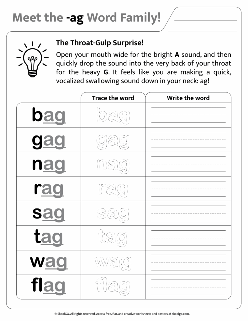 Black and white printable version of [ag] phonics worksheet