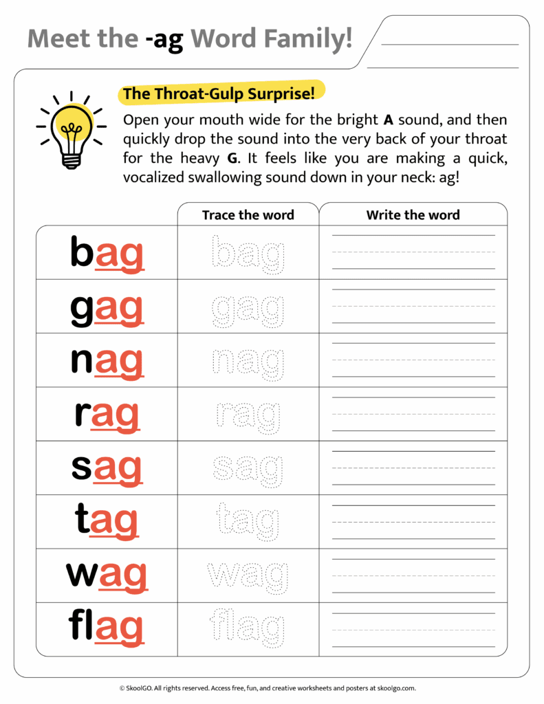 Color version of [ag] word family worksheet for engaging phonics learning