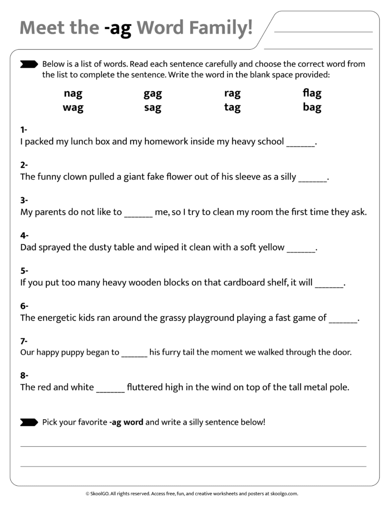 Sentence and word practice activities for [ag] word family worksheet